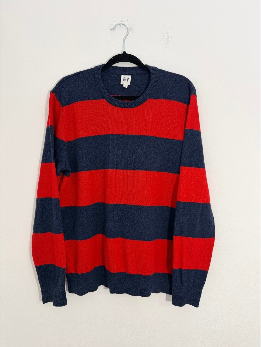 Gap Merino Wool Blend Striped Crewneck Sweater Red Navy Size L - Picture 2 of 9